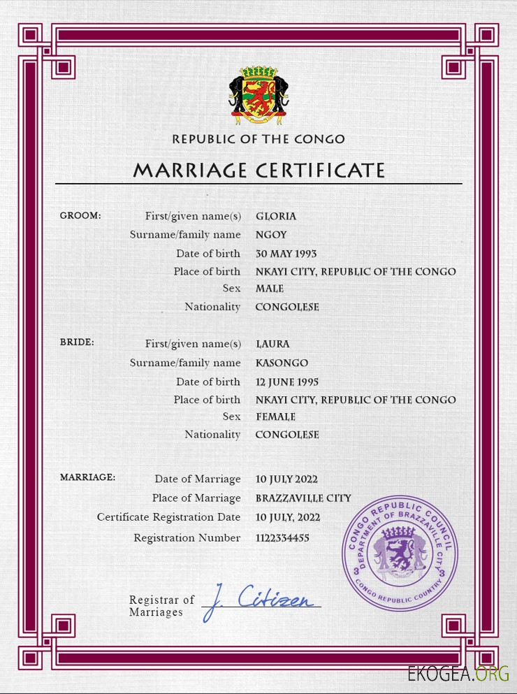 Modèle PSD de certificat de mariage du Congo, République du